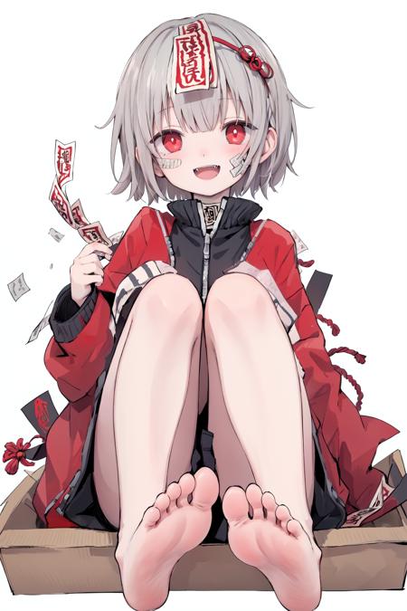 02244-2954589012-1girl,solo,red eyes,ofuda,barefoot,jacket,open mouth,short hair,talisman,white background,grey hair,simple background,looking at.png